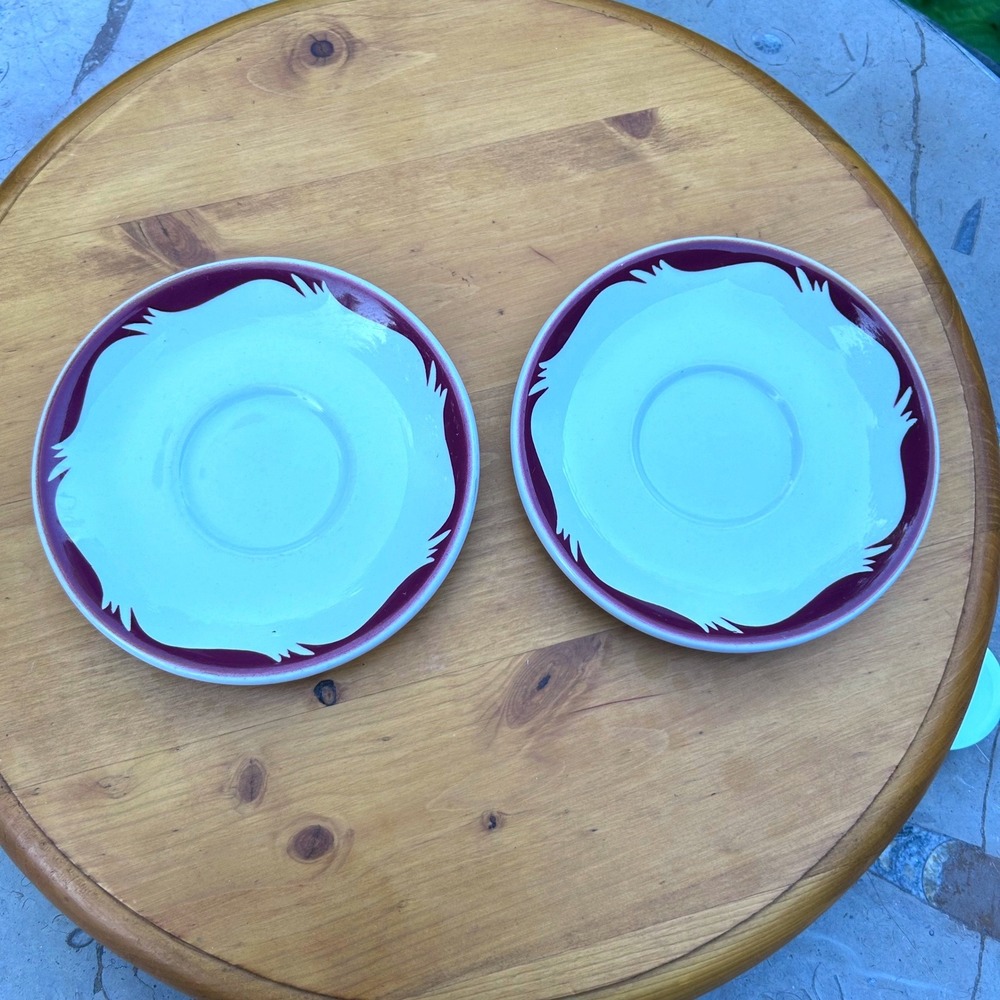Vintage Saucers Pair Red Wave Maroon Scroll MCM 1963 Duraline Grindley